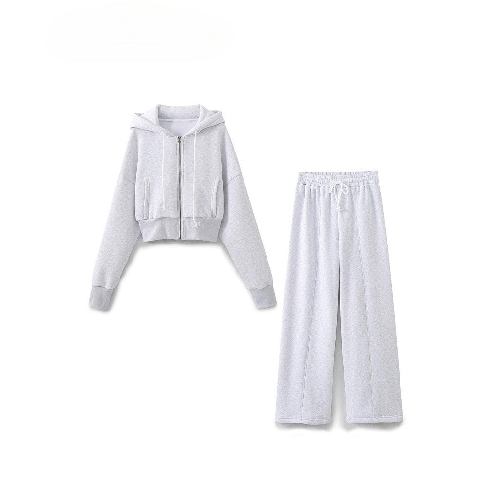 Damen modisches cropped Kapuzenjacken- und Jogginghose-Set Drune