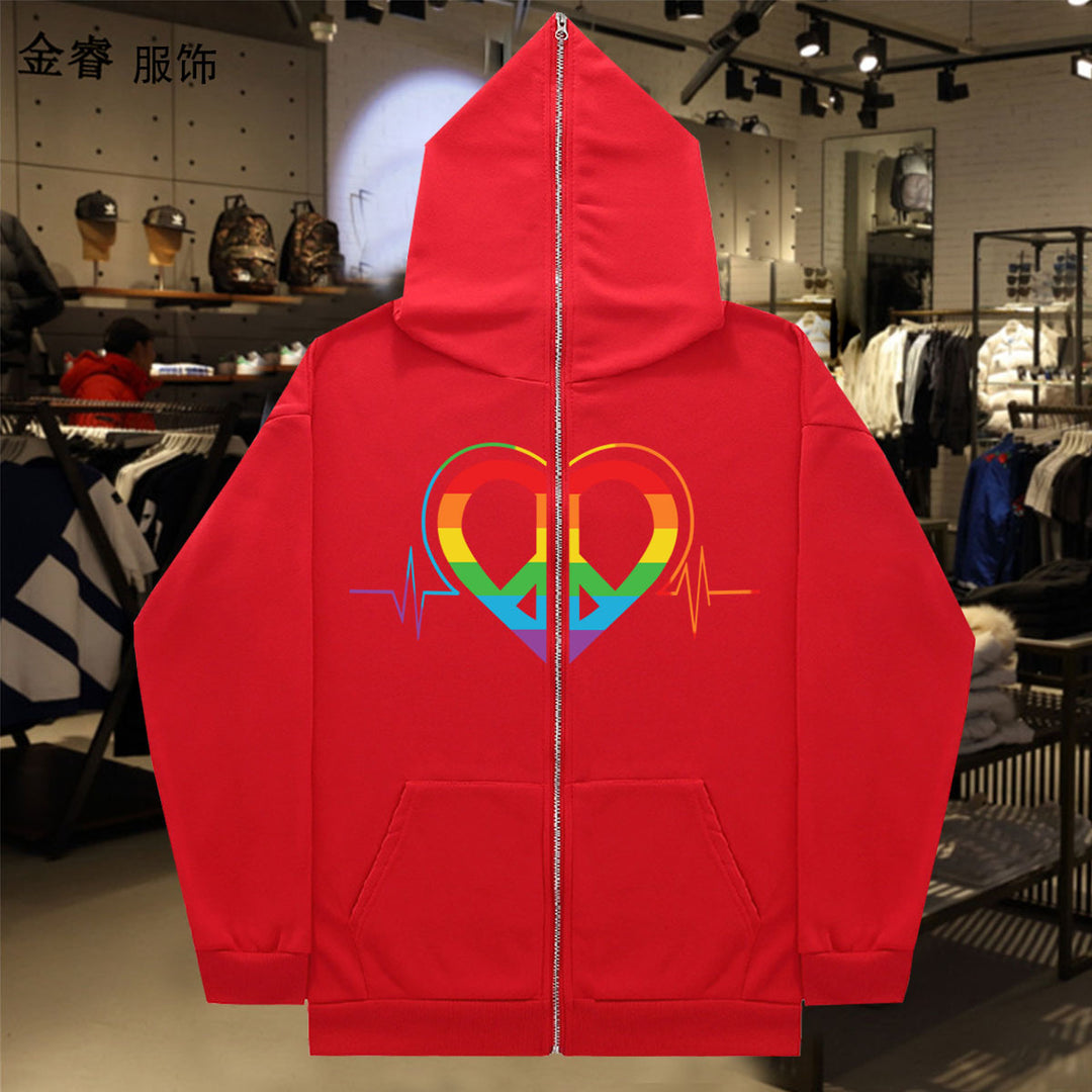 Damen sportlicher Kapuzenpullover mit buntem Herzmotiv und praktischen Taschen Drune