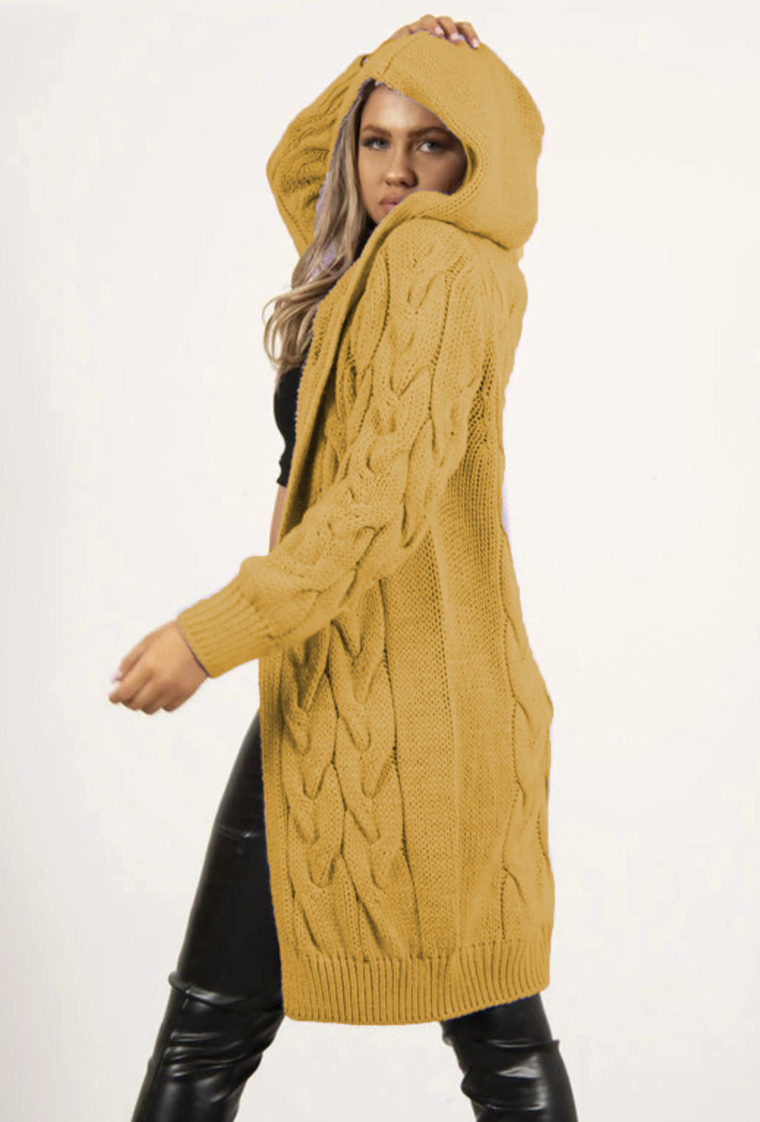Damen Strickmantel mit Kapuze und Zopfmuster Drune