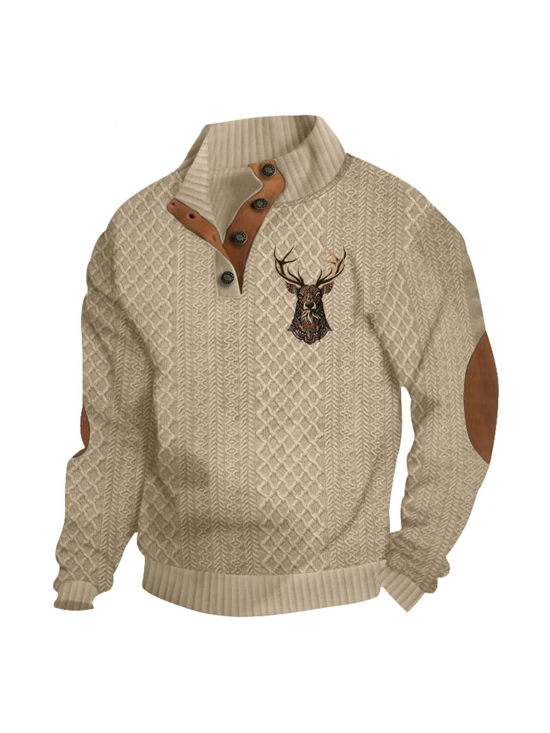 Herren nan Heritage-Strukturpullover mit Stehkragen Lederimitat-Besatz Ellenbogen-Patches und Halbknopfleiste Drune
