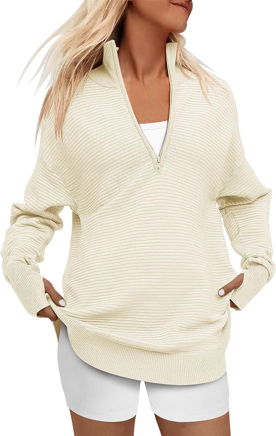 Damen Hochwertiger Reißverschluss Pullover mit strukturiertem Design Drune