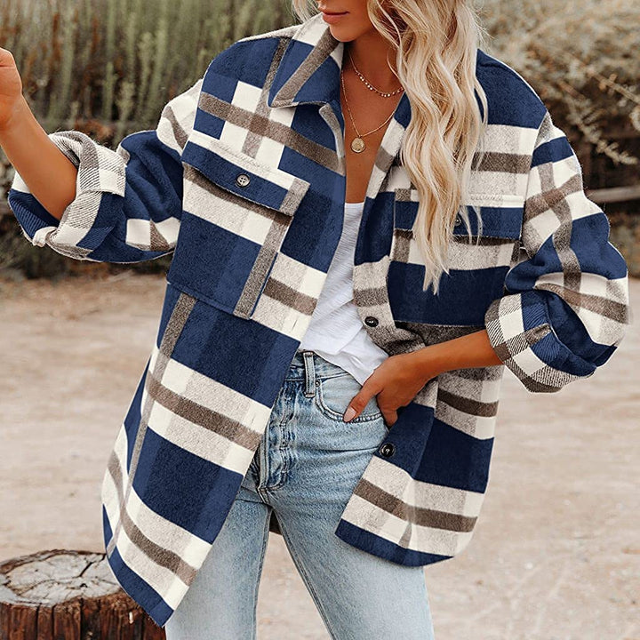 Damen karierte Flanelljacke mit lässigem Schnitt und aufgesetzten Taschen Drune