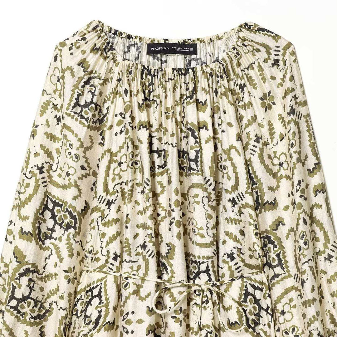 Damen nan luftiges Plissee-Kleid mit Carmenkragen, weiten Ballonärmeln und verstellbarem Kordelzug Drune