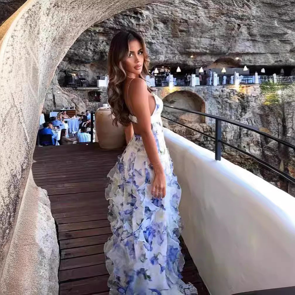 Damen Langarmkleid mit floralem Design und Rüschendetails Drune