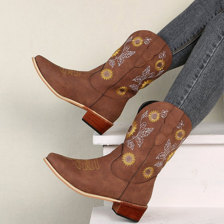 Damen Cowboy-Stiefel mit floralem Stickdesign und robustem Blockabsatz Drune