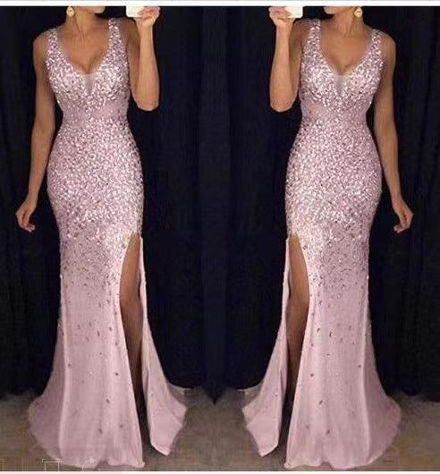 Damen Glitzerndes Abendkleid mit tiefem Ausschnitt und Schlitz Drune