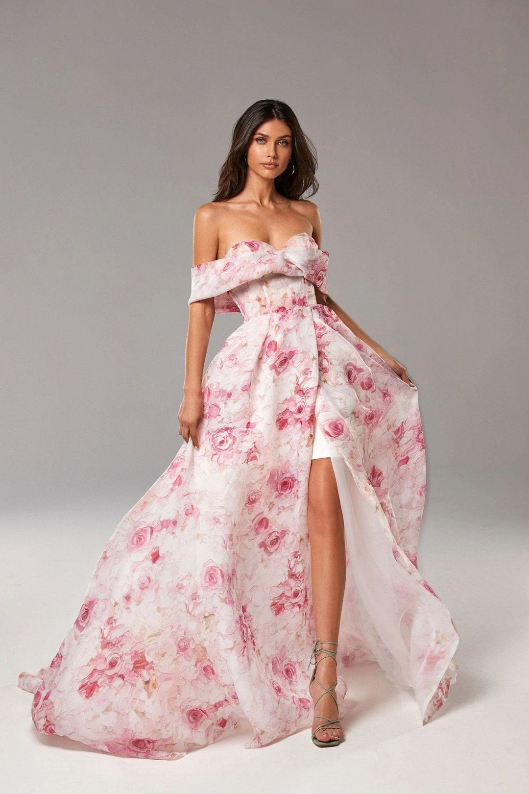 Damen Maxikleid mit schulterfreiem Design und floralen Mustern Drune