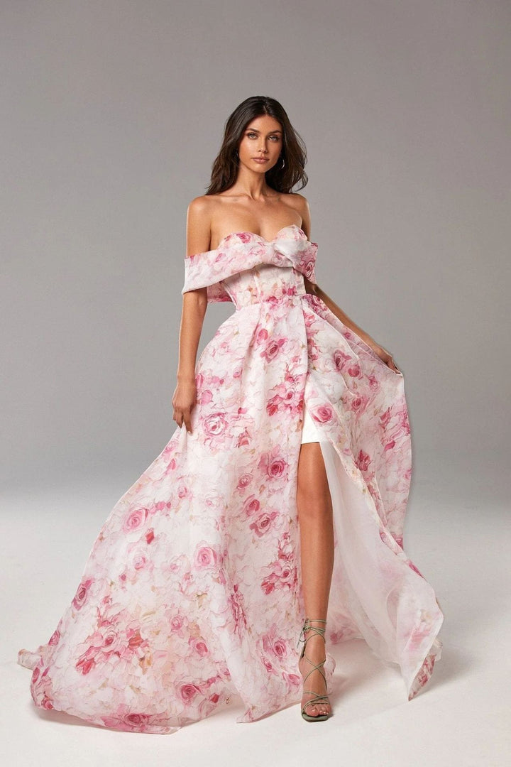 Damen Maxikleid mit schulterfreiem Design und floralen Mustern Drune