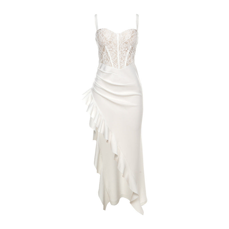 Damen elegantes Spitzen-Maxikleid mit raffinierten Drapierungen Drune