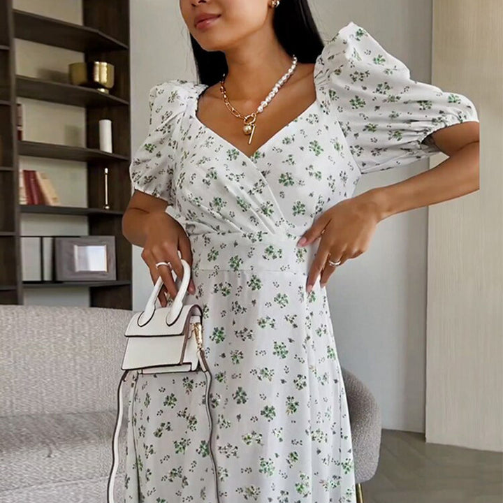 Damen Maxikleid mit Blumenmuster und voluminösen Ärmeln Drune