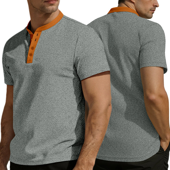 Herren nan schlankes Kurzarm-Henley-Poloshirt mit Mandarin-Kragen und feiner Jacquardstruktur Drune