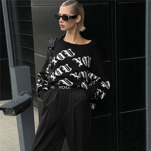 Damen lässiger Strickpullover mit modernem Schriftzug und weitem Schnitt Drune
