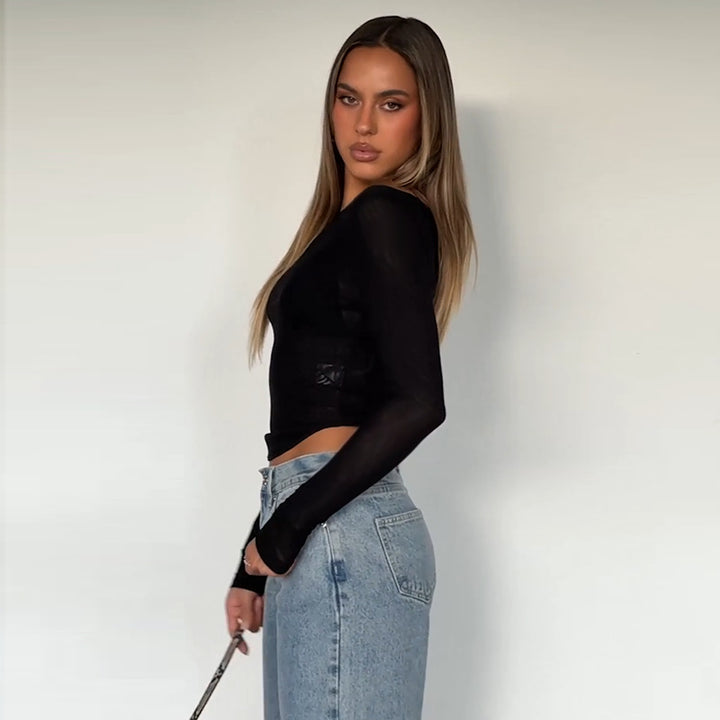 Damen Langarm-Top mit transparentem Netzdesign und schulterfreier Optik Drune