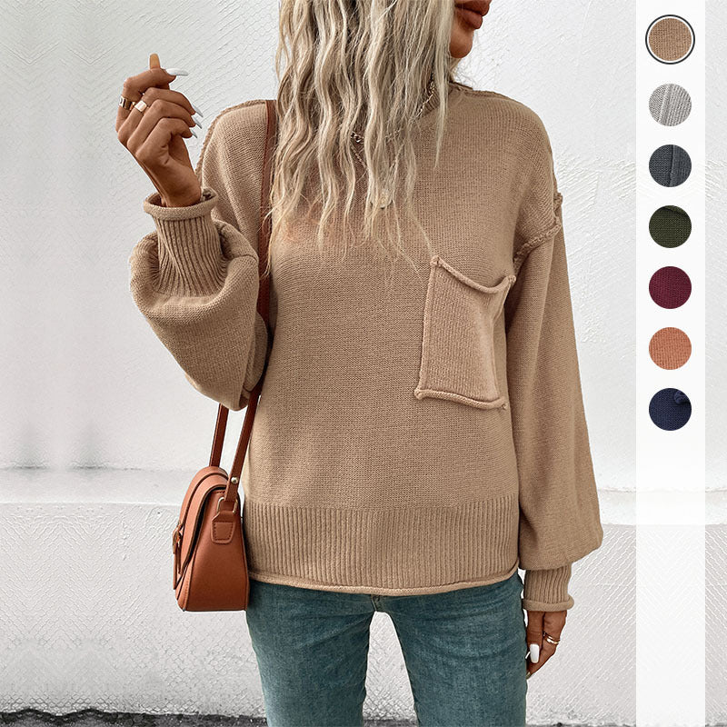 Damen lässiger Strickpullover mit Brusttasche und raffinierten Details Drune