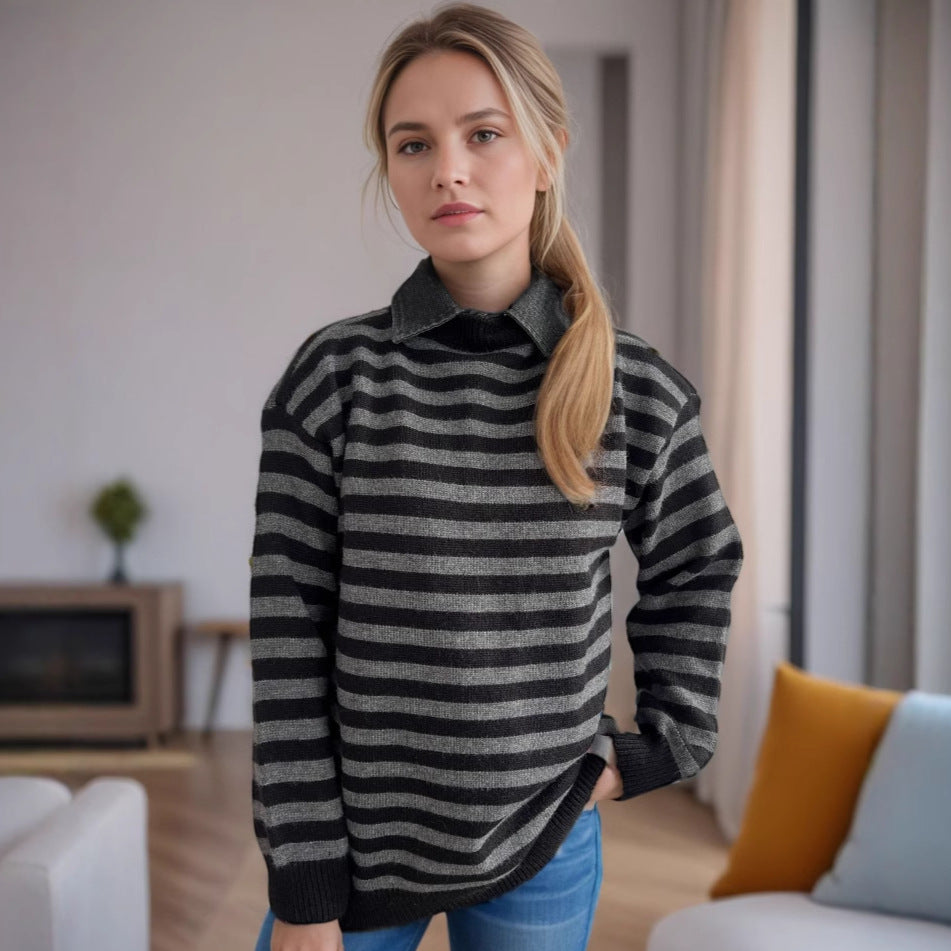 Damen lässiger Pullover mit strukturellem Streifenmuster und modischem Kragen Drune