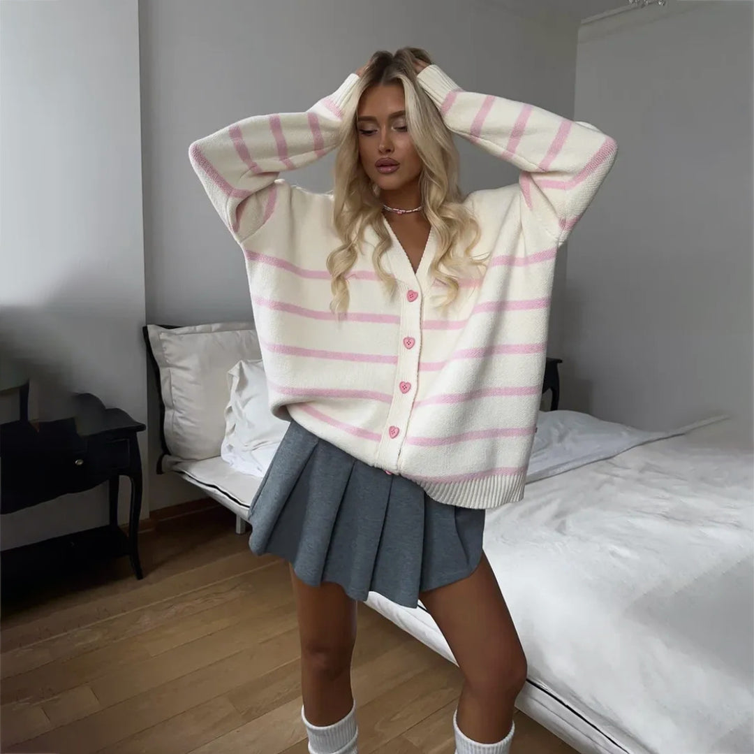 Damen Grob gestrickter Cardigan mit zarten Streifen Drune