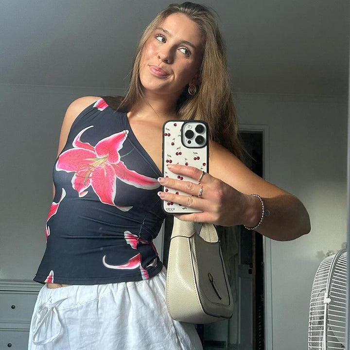 Damen asymmetrisches Trägershirt mit floraler Druckgestaltung Drune
