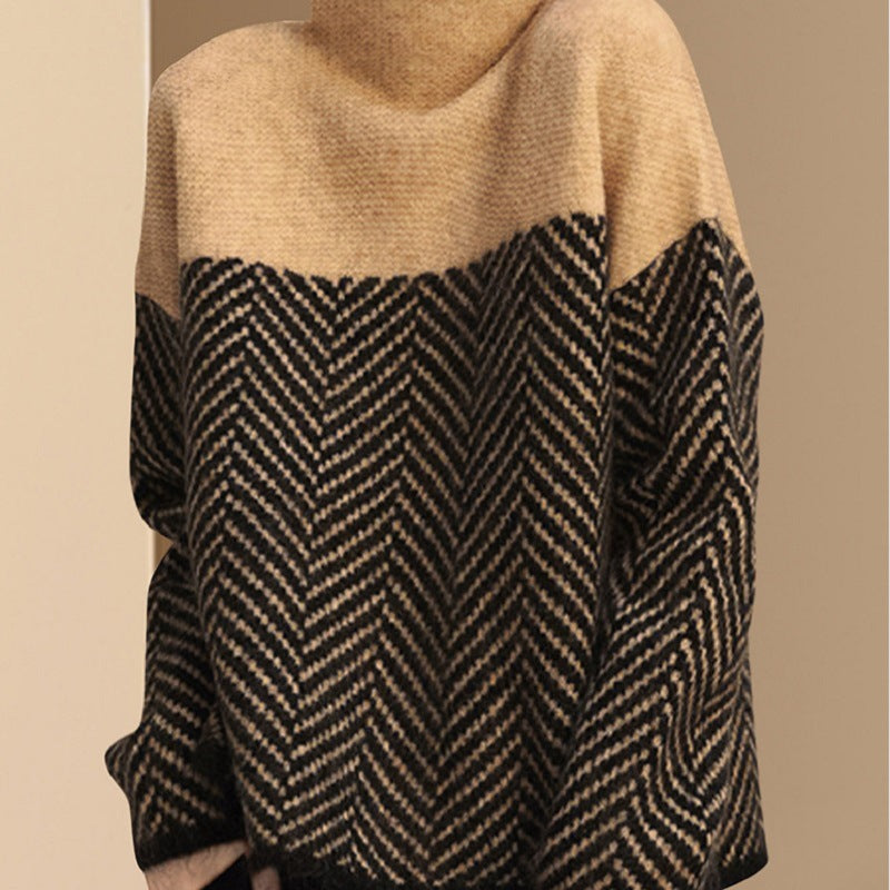 Damen Grobstrickpullover mit hochgeschlossenem Kragen und modernem Chevron-Muster Drune