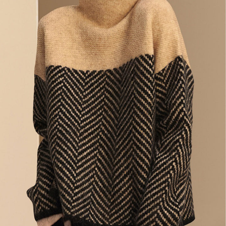 Damen Grobstrickpullover mit hochgeschlossenem Kragen und modernem Chevron-Muster Drune
