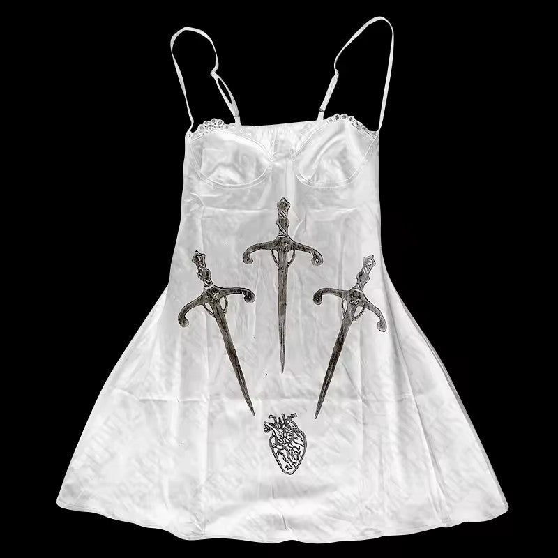 Damen Verspieltes Satin-Kleid mit Kunstgrafiken Drune