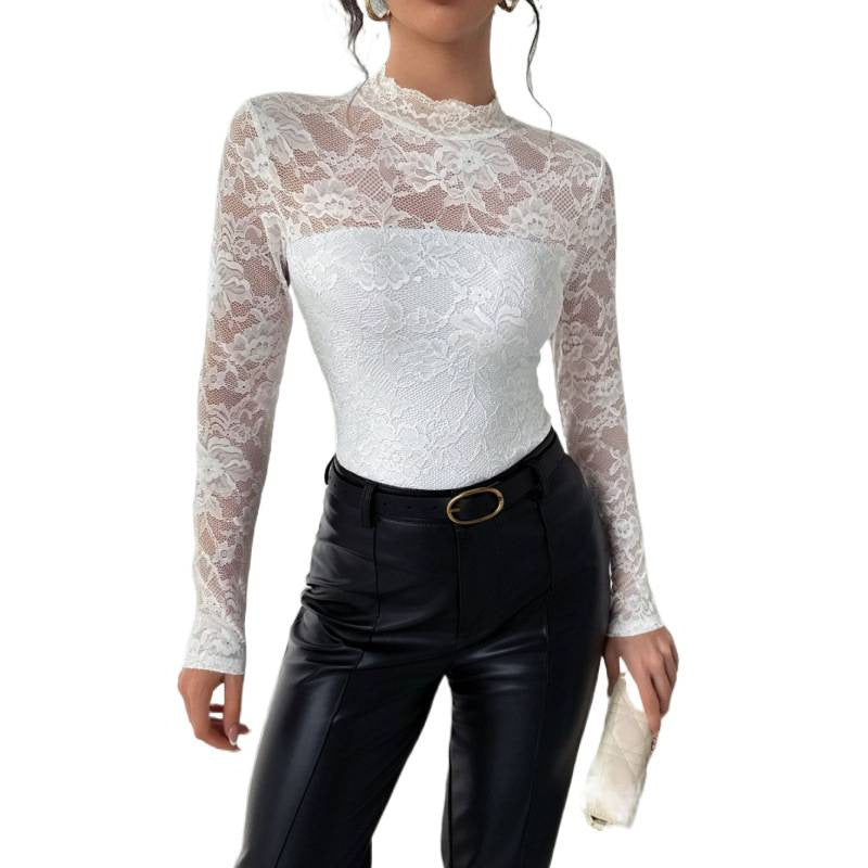 Damen Spitzenbody mit elegantem Stehkragen und langem Arm Drune