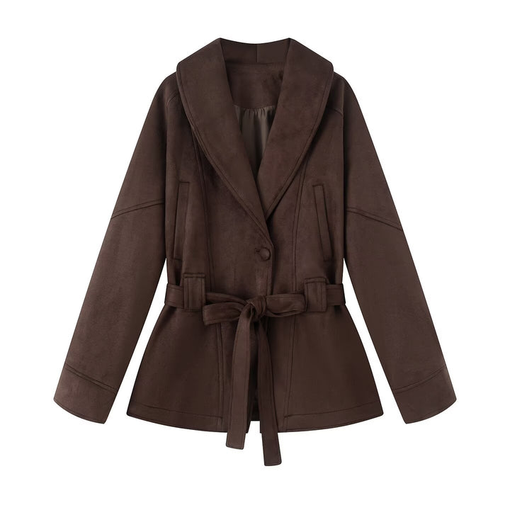 Damen Stilvolle Kurzjacke mit breitem Kragen und Taillengürtel Drune