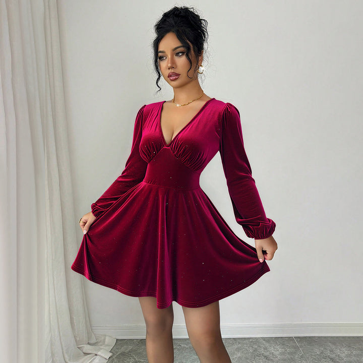Damen Kurzarm Kleid mit eleganten Puffärmeln und V-Ausschnitt Drune