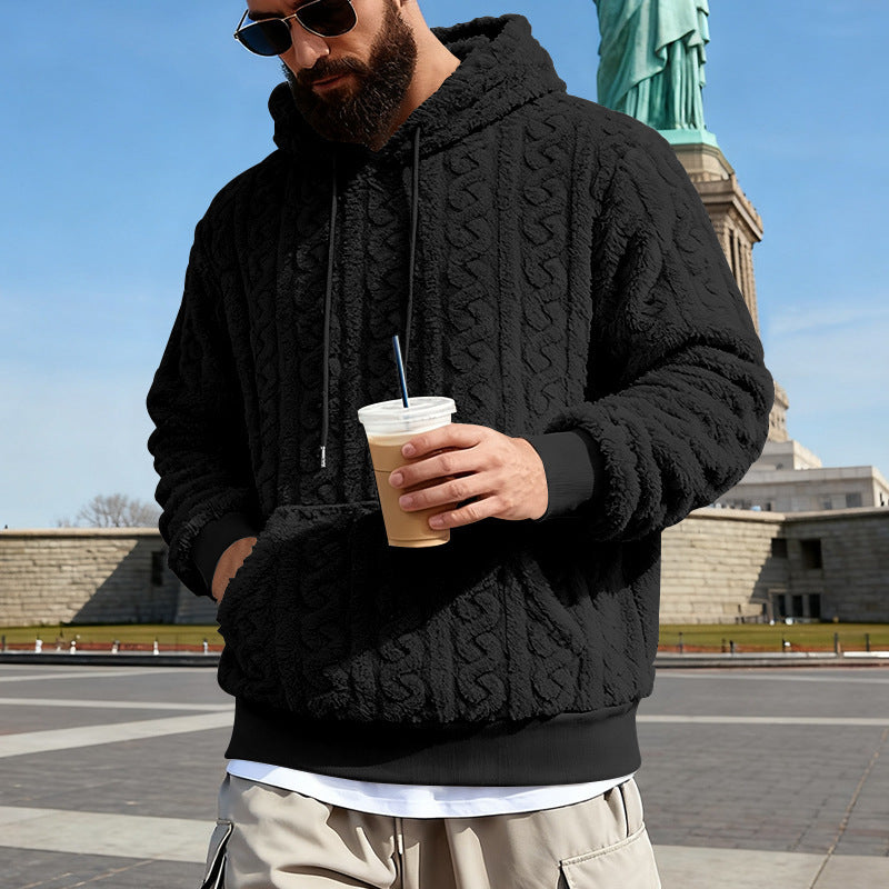 Herren nan Kuscheliger Sherpa-Hoodie mit Zopfmuster, Kängurutasche und Rippbündchen Drune