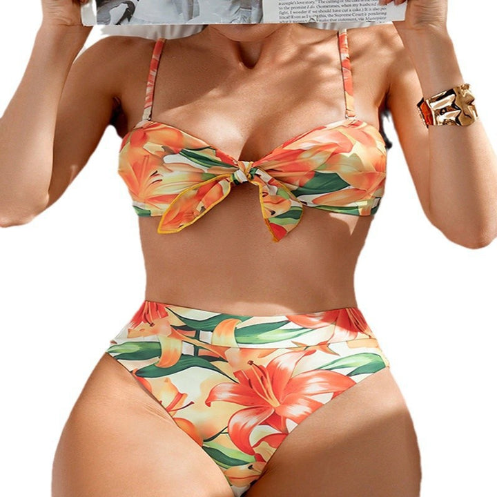 Damen Hochtailliertes Floral-Bikini-Set mit Knoten-Details Drune