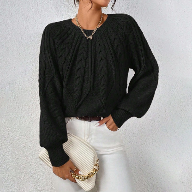 Damen nan kurzer Zopfmuster-Strickpullover mit Ballonärmeln und geripptem Saum Drune