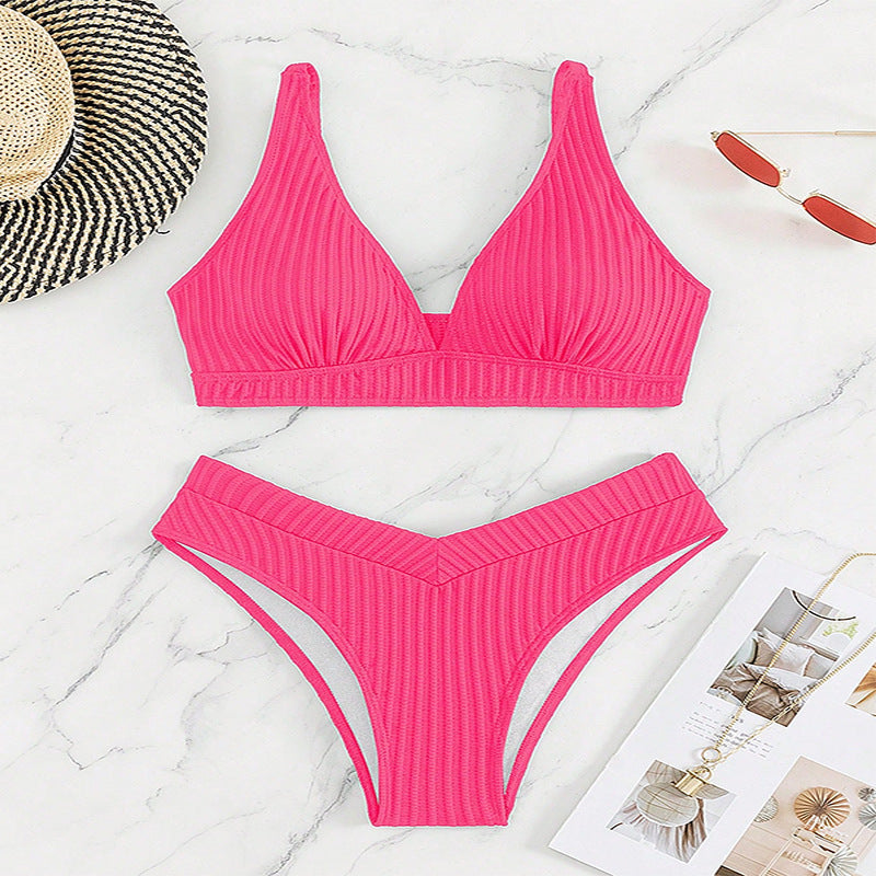 Damen Hochgeschnittenes Triangel-Bikini-Set mit strukturiertem Stoff Drune