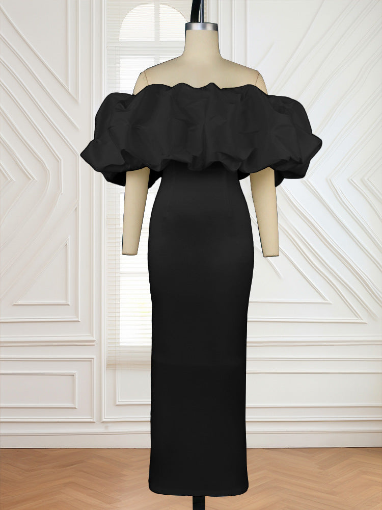 Damen Elegantes Off-Shoulder Maxikleid mit voluminösen Rüschensäumen Drune