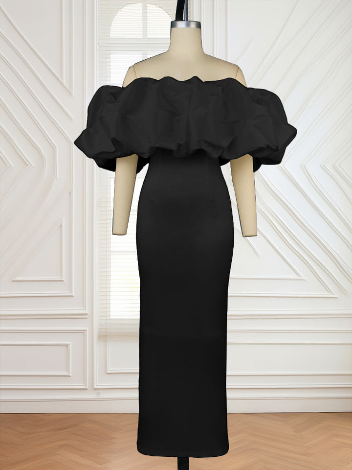 Damen Elegantes Off-Shoulder Maxikleid mit voluminösen Rüschensäumen Drune