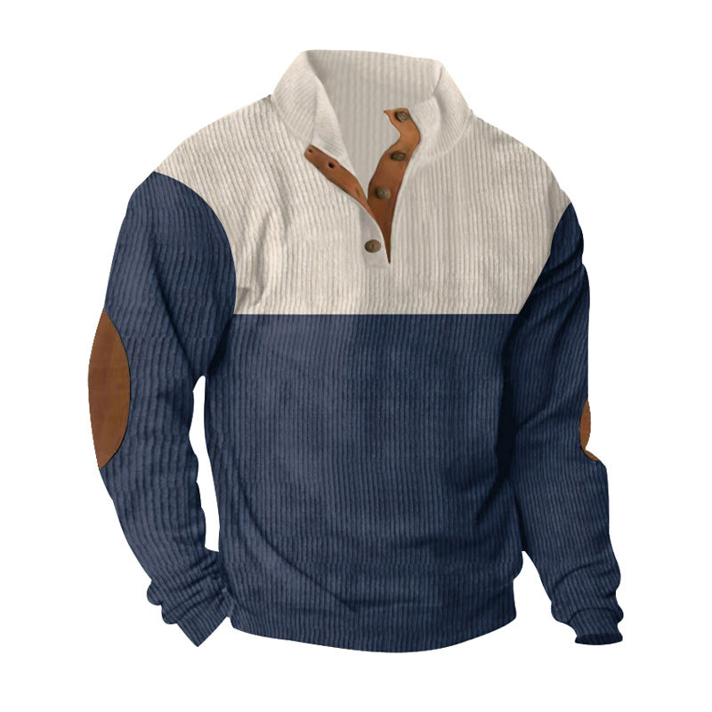 Herren nan gerippter Henley-Strickpullover mit Lederbesatz an Knopfleiste und Ellbogen-Patches Drune