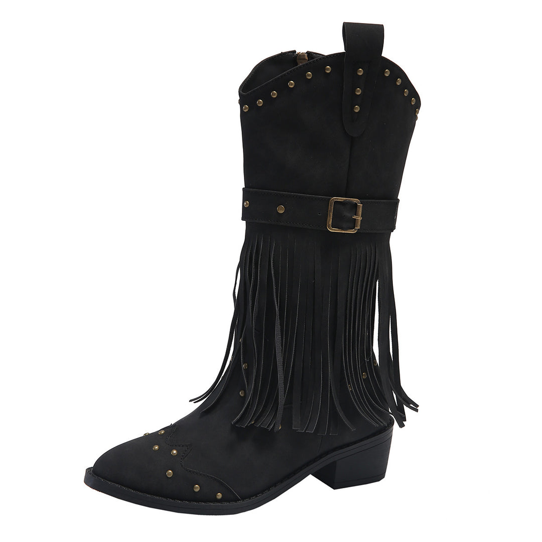 Damen nan Westernstiefel mit Fransen Nieten und Schnallenriemen Drune