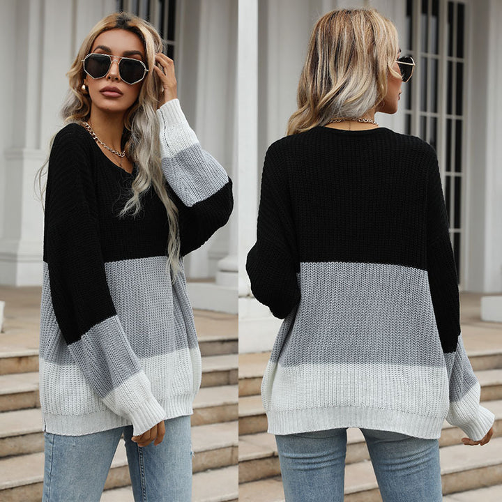 Damen lockerer Strickpullover mit trendigem Farbblock-Design Drune