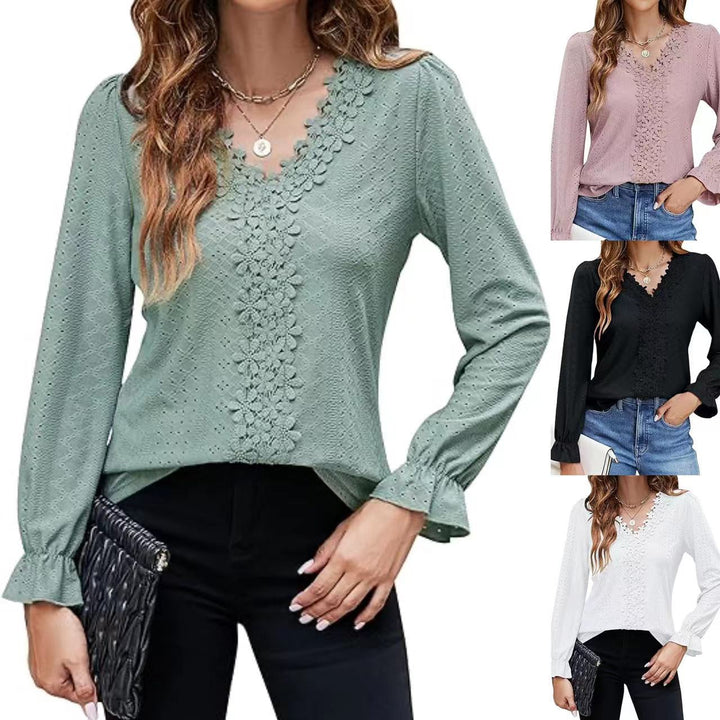 Damen elegante Bluse mit floralem Design und V-Ausschnitt Drune
