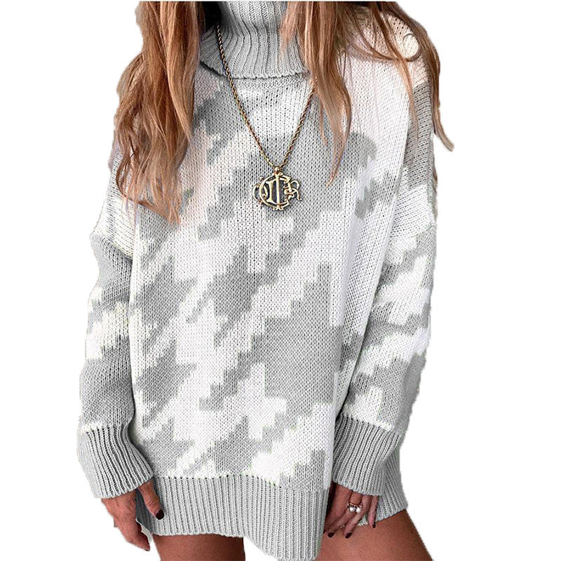 Damen Strickpullover mit hohem Kragen und modernem Zickzack-Muster Drune