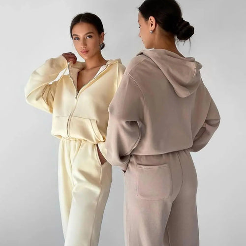 Damen lässiges Fleece-Set mit Kapuze und elastischem Bund Drune