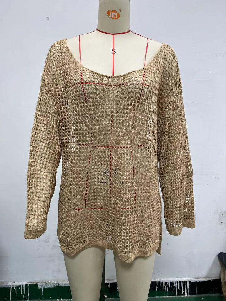 Damen lässiger Netzpullover mit weitem Schnitt und U-Boot-Ausschnitt Drune