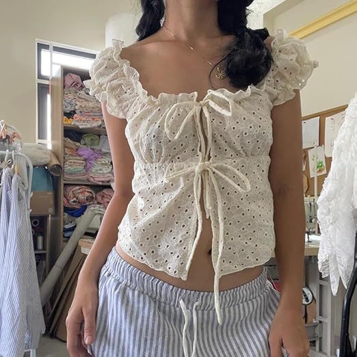 Damen Rüschenshirt mit tiefer Taille und Bindebändern Drune
