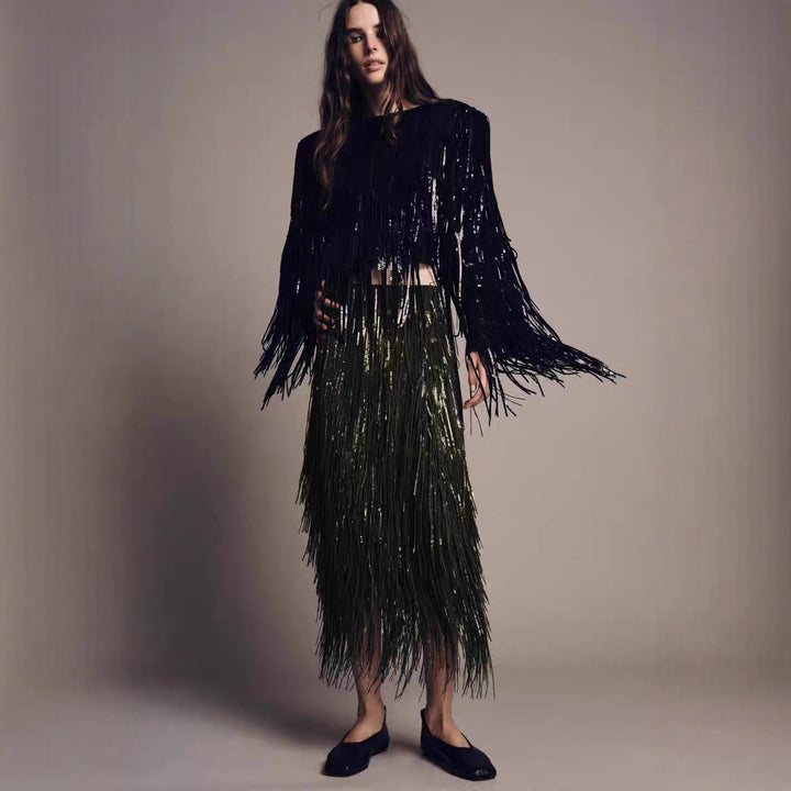 Damen Fransenrock aus schimmerndem Material mit eleganten Details Drune