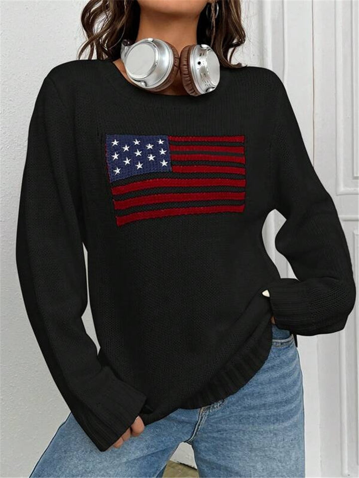 Damen lässiger Crop-Pullover mit Flaggenmuster und strukturiertem Strick Drune