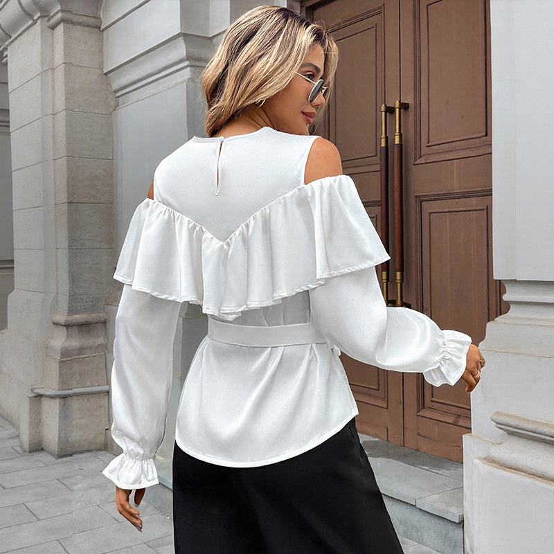 Damen Bluse mit auffälligen Rüschendetails und taillierbarem Bindegürtel Drune