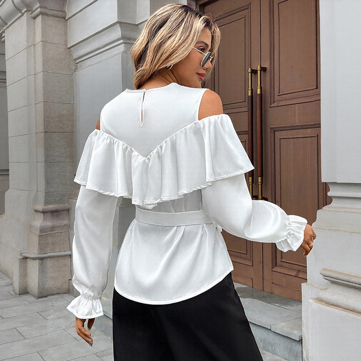 Damen Bluse mit auffälligen Rüschendetails und taillierbarem Bindegürtel Drune