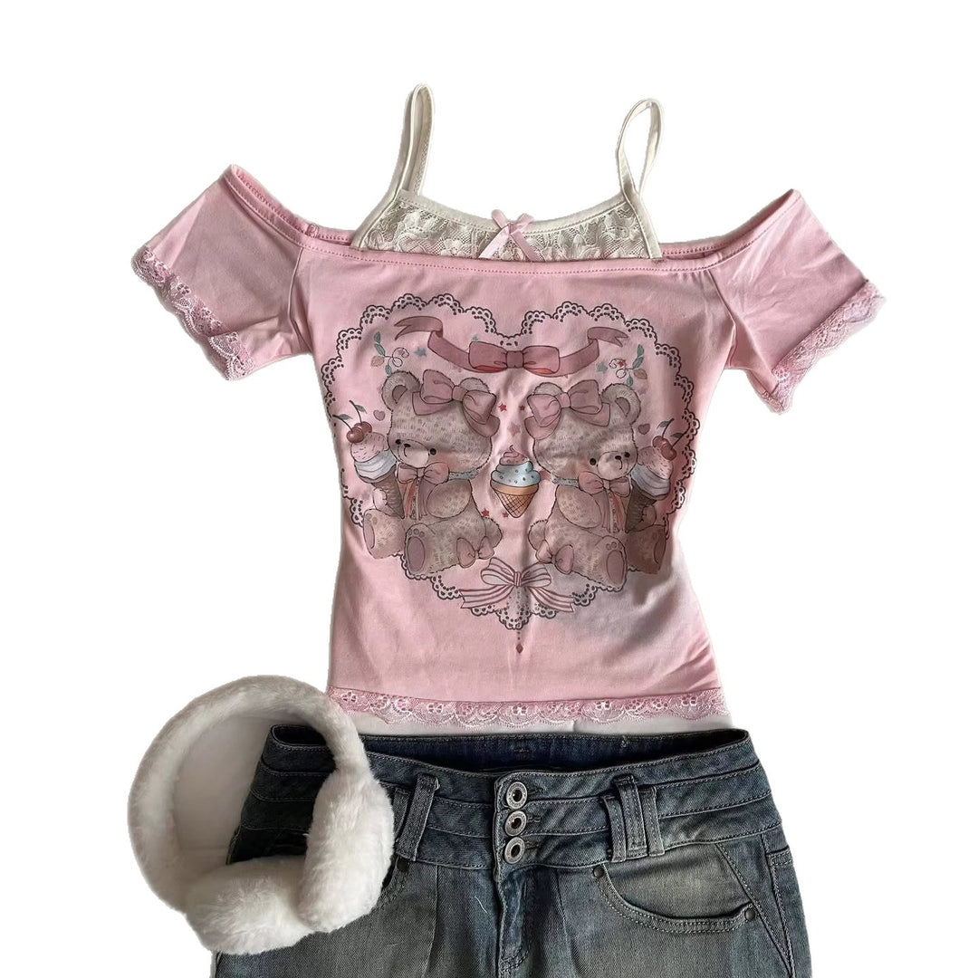 Damen Verspieltes T-Shirt mit Spitzenapplikationen und süßem Bärenmotiv Drune