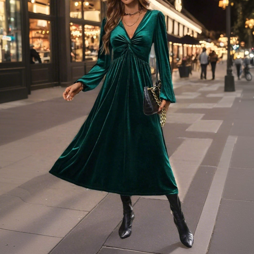 Damen Samt Midi-Kleid mit elegantem Wickeldesign und tiefem V-Ausschnitt Drune
