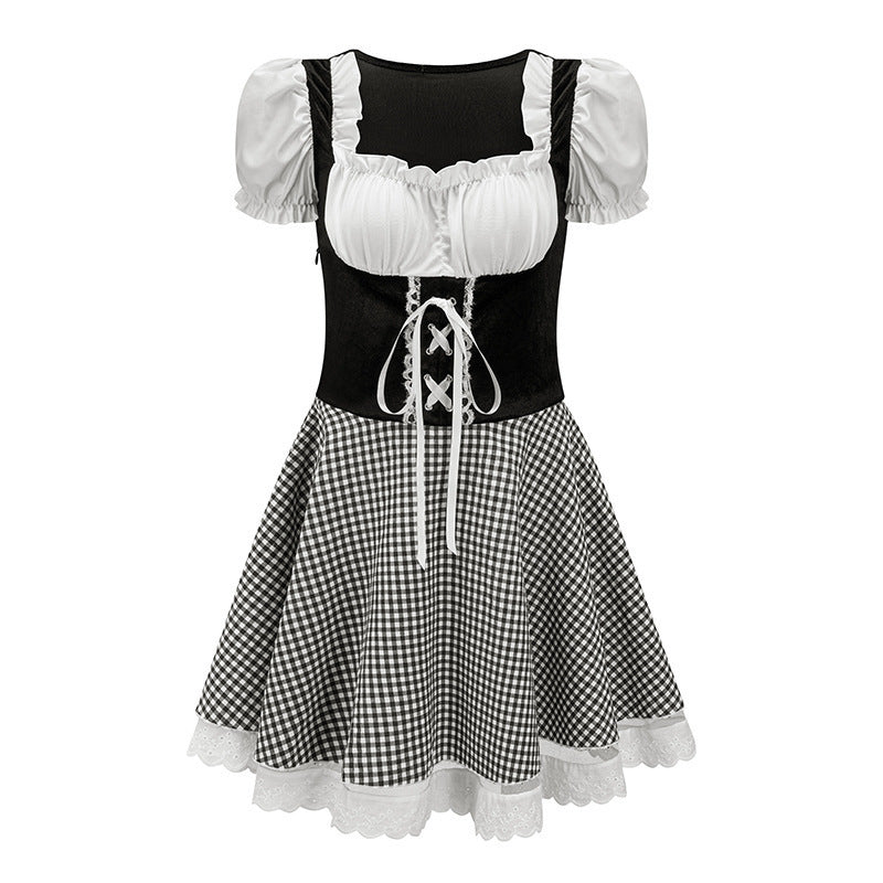 Damen nan tailliertes Trachtenkleid mit geschnürter Miederfront und karierter Rockpartie Drune
