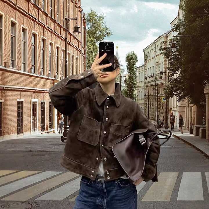 Damen Modische Wildlederjacke mit praktischen Klappentaschen Drune