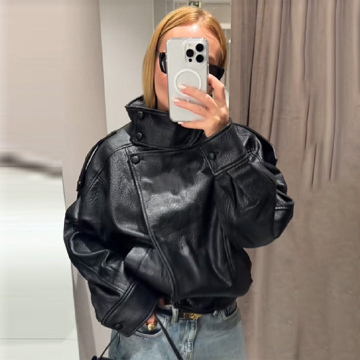 Damen elegante und voluminöse Lederjacke mit Stehkragen Drune